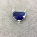 Sapphire Blue Hydro Quartz Bezel | Sterling Silver Faceted Half Moon Shaped (Man made) Pendant Connector - Measuring 20mm x 15mm