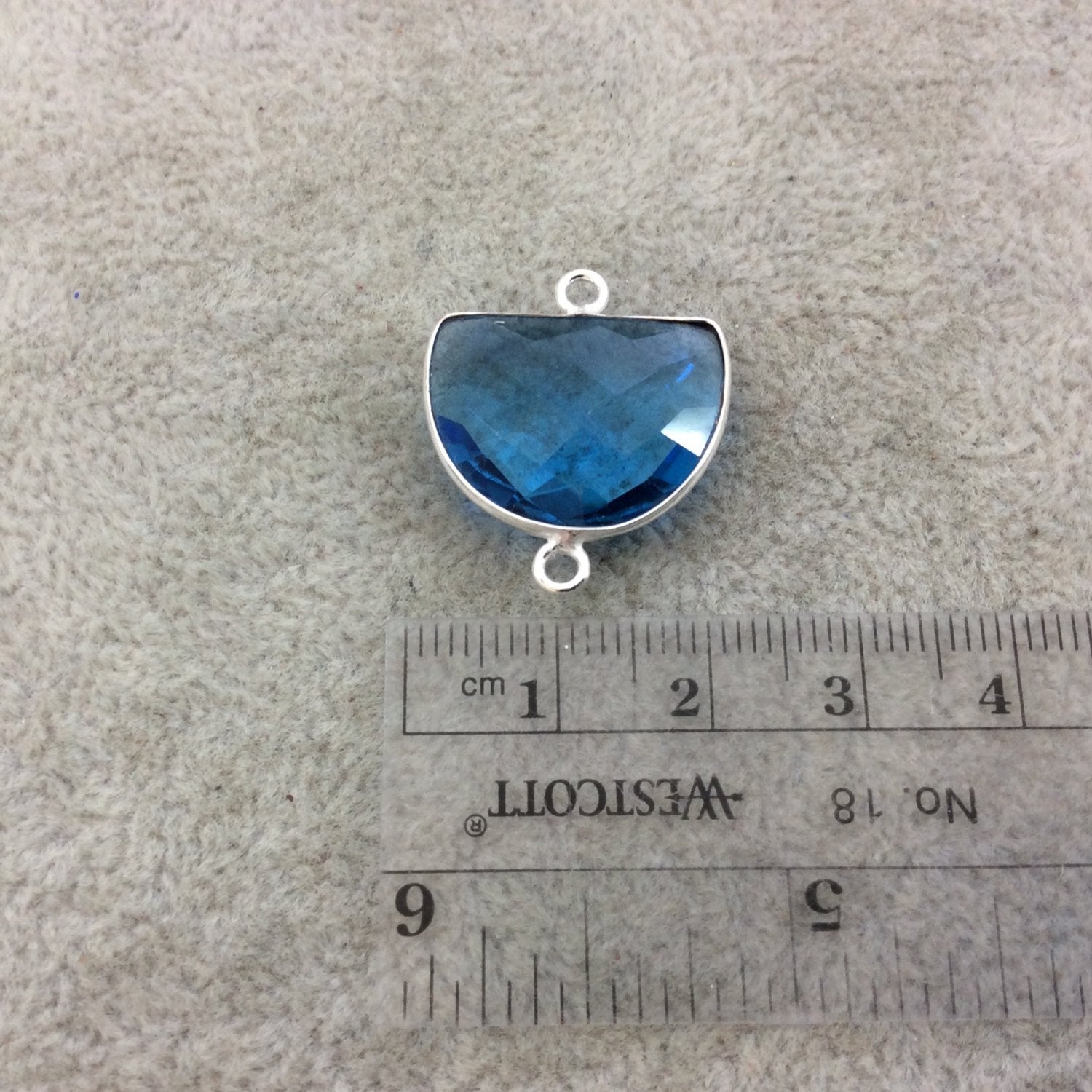 Sterling Silver Faceted Half Moon Shape Sky Blue Hydro (Man-made) Quartz Bezel Pendant/Connector - Measuring 20mm x 15mm - Sold Individually