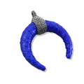 Pave Rhinestone Encrusted Cobalt Blue Leather Crescent Pendant with Gray Rhinestones and Clip Bail - Measuring 67mm x 70mm, Approx.