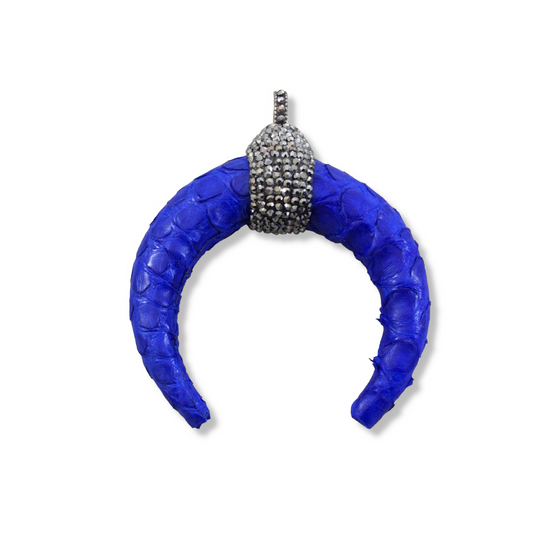 Pave Rhinestone Encrusted Cobalt Blue Leather Crescent Pendant with Gray Rhinestones and Clip Bail - Measuring 67mm x 70mm, Approx.