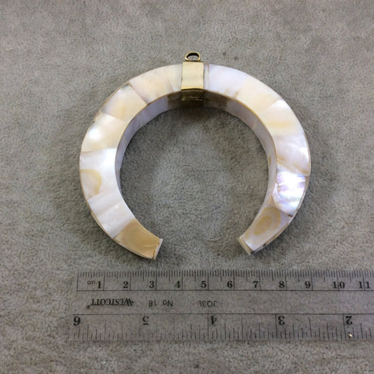 3.75" White/Cream Double Ended Crescent Shaped Natural Abalone Pendant with Plain Gold Plated Bail - Measuring 93mm x 85mm