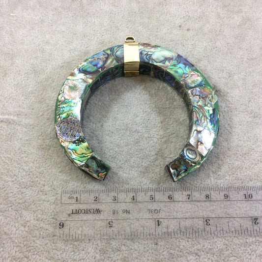 3.75" Rainbow Double Ended Crescent Shape Natural Abalone Pendant with Plain Gold Plated Bail - Measuring 93mm x 85mm 