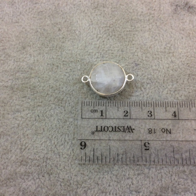 Sterling Silver Faceted Round/Coin Shaped Moonstone Bezel Connector Component - Measuring 14mm x 14mm - Natural Semi-Precious Gemstone