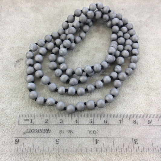 36" Hand-Knotted Black Thread Necklace Featuring 6mm Matte Finish Druzy Round/Ball Shaped Metallic Silver Agate Beads - LIMITED STOCK