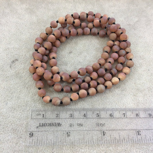 36" Hand-Knotted Black Thread Necklace Featuring 6mm Matte Finish Druzy Round/Ball Shaped Peach/Orange Agate Beads - LIMITED STOCK