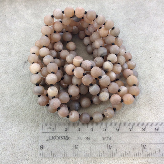 72" Hand-Knotted Black Thread Necklace Featuring 8mm Matte Finish Druzy Round/Ball Shaped Champagne Agate Beads - LIMITED STOCK