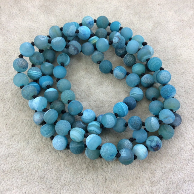 36" Hand-Knotted Black Thread Necklace Featuring 8mm Matte Finish Druzy Round/Ball Shaped Banded Teal Blue Agate Beads - LIMITED STOCK