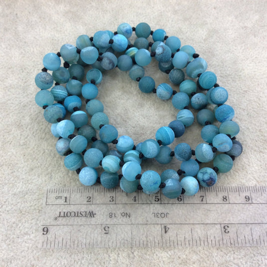 36" Hand-Knotted Black Thread Necklace Featuring 8mm Matte Finish Druzy Round/Ball Shaped Banded Teal Blue Agate Beads - LIMITED STOCK
