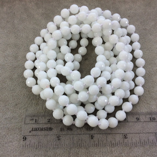 72" Hand-Knotted White Thread Necklace Featuring 8mm Faceted Polished Finish Round/Ball Shaped Dyed Opaque White Agate Beads - LIMITED STOCK