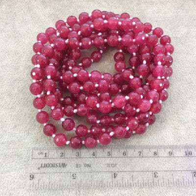 72" Hand-Knotted White Thread Necklace Featuring 8mm Faceted Polished Finish Round/Ball Shaped Dyed Raspberry Agate Beads - LIMITED STOCK