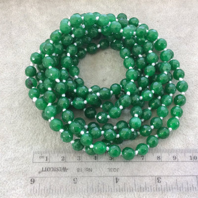 72" Hand-Knotted White Thread Necklace Featuring 8mm Faceted Polished Finish Round/Ball Shape Dyed Emerald Green Agate Beads - LIMITED STOCK