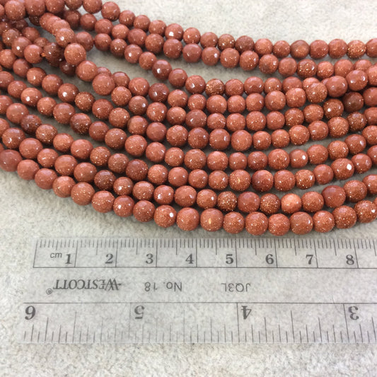 6mm Faceted Manmade Goldstone (Glass) Round/Ball Shaped Beads with 1mm Holes - Sold by 14" Strands (Approx. 63 Beads) - Synthetic Gemstone