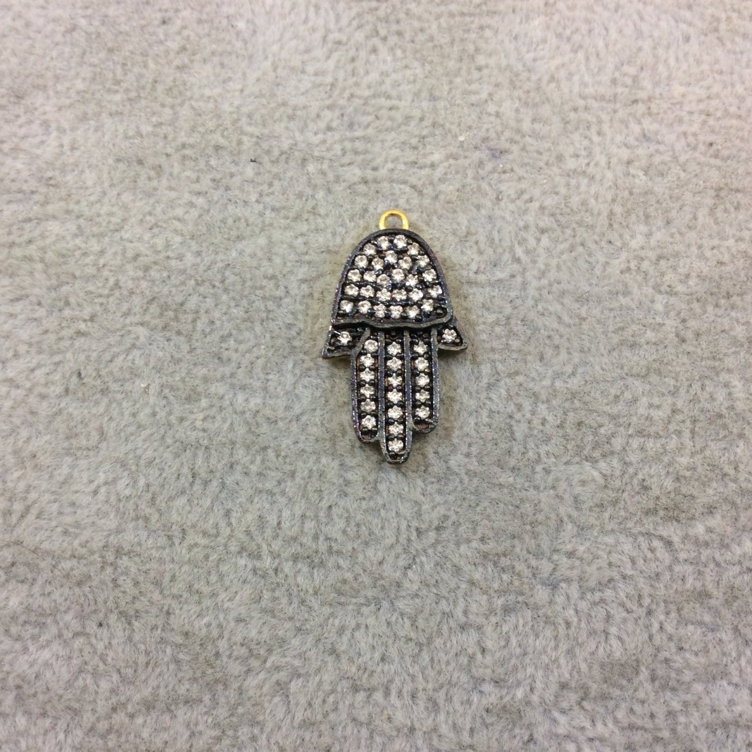 Oxidized Gold Finish Hamsa Hand Shaped CZ Cubic Zirconia Inlaid Plated Copper Pendant Component - Measuring 15mm x 20mm  - Sold Individually