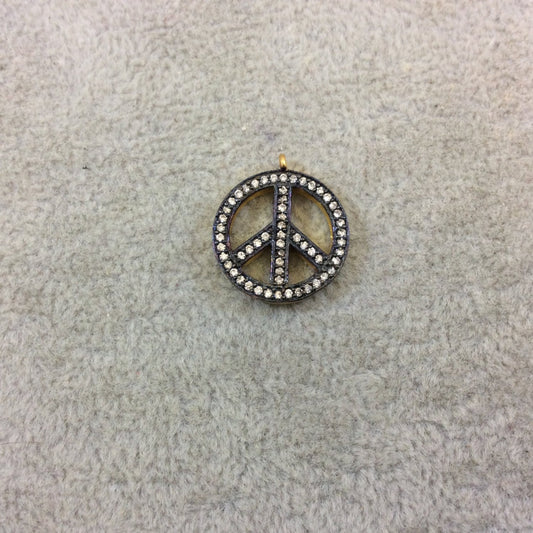 Oxidized Gold Finish Peace Sign Shaped CZ Cubic Zirconia Inlaid Plated Copper Pendant Component - Measuring 18mm x 18mm  - Sold Individually