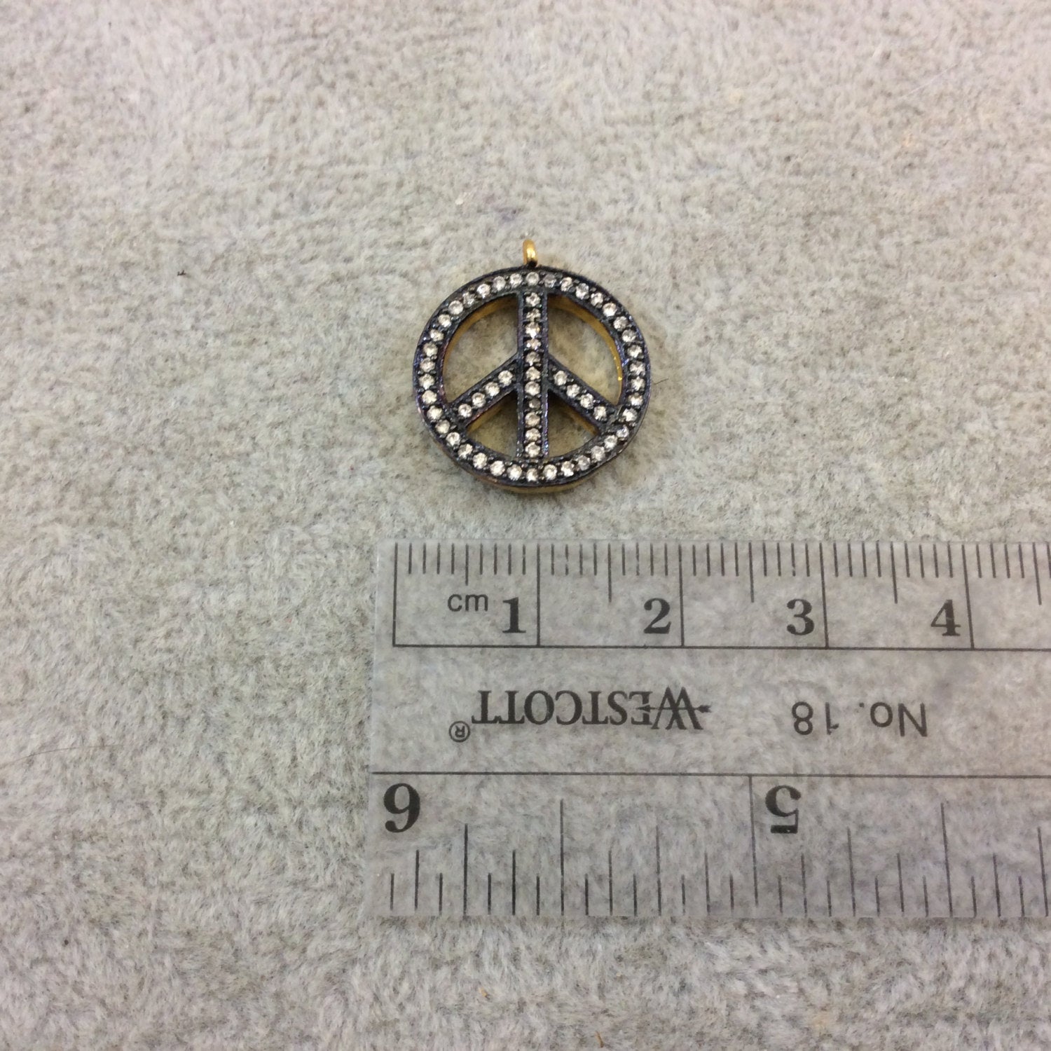 Oxidized Gold Finish Peace Sign Shaped CZ Cubic Zirconia Inlaid Plated Copper Pendant Component - Measuring 18mm x 18mm  - Sold Individually