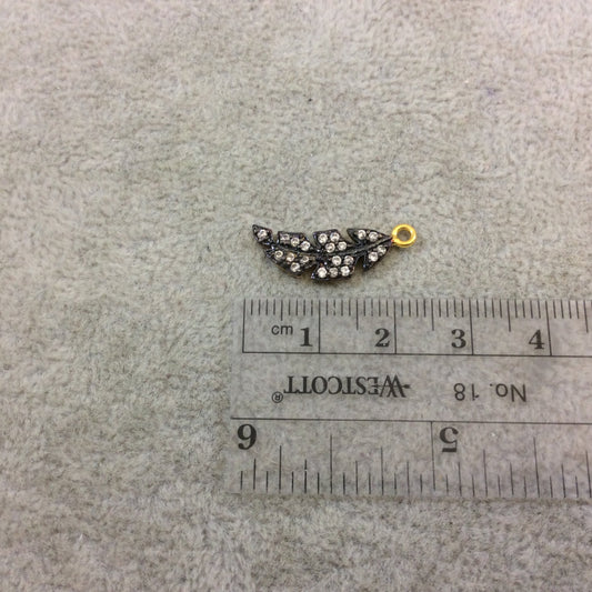 Oxidized Gold Finish Leaf/Feather Shape CZ Cubic Zirconia Inlaid Plated Copper Pendant Component - Measuring 7mm x 20mm  - Sold Individually