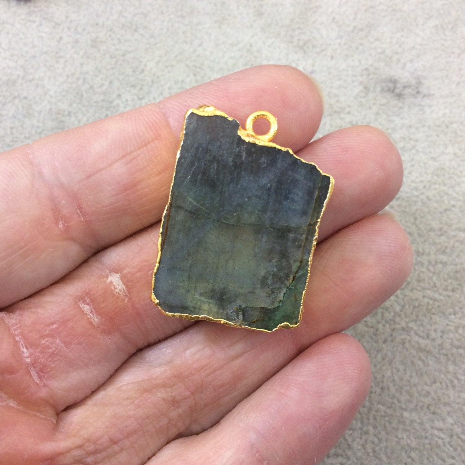 OOAK Gold Electroplated Natural Olive Green Labradorite Freeform Shaped Slab/Slice Focal Pendant - Measuring 24mm x 31mm, Approximately