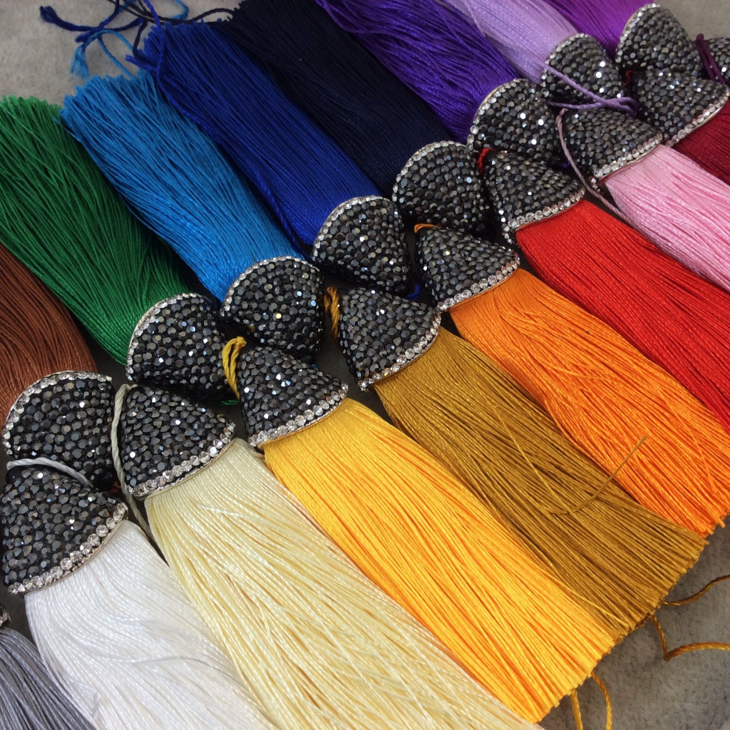 Pave Capped Tassel | 3 Inch Pave Rhinestone Flat Cap Silk Tassel | Green, Blue, Purple, Pink, Orange, Yellow, Red, White, Brown Pendant