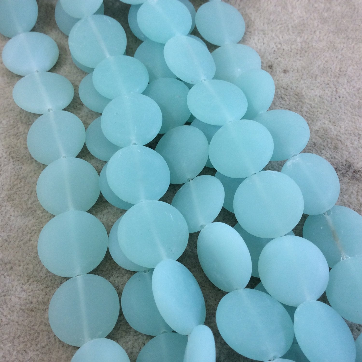 20mm Matte Aqua Blue Flat Circular/Coin Shaped Mock Beach/Sea Glass Beads with 1mm Holes - Sold by 15.75" Strands (Approx. 19 Beads)