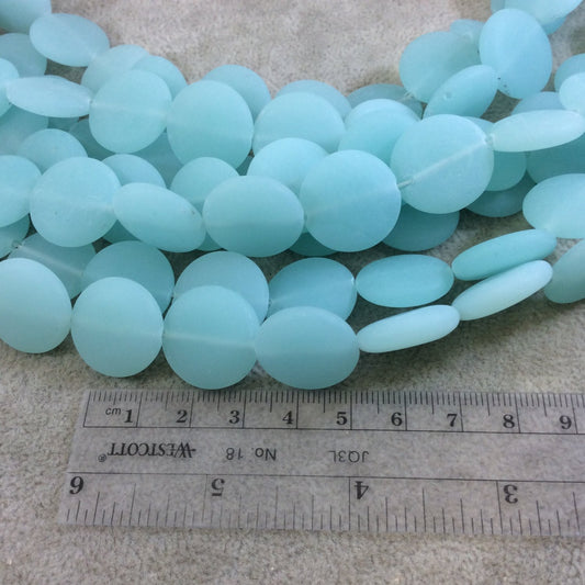 20mm Matte Aqua Blue Flat Circular/Coin Shaped Mock Beach/Sea Glass Beads with 1mm Holes - Sold by 15.75" Strands (Approx. 19 Beads)