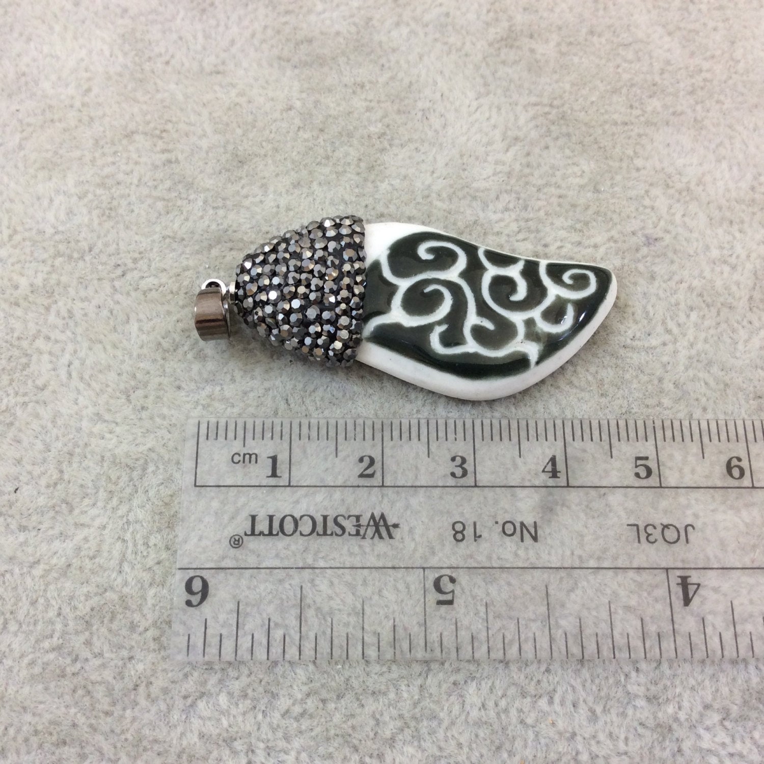 Rhinestone Encrusted Swirly Leaf Shaped Glazed White/Green Ceramic Focal Pendant - Measuring 20mm x 45mm, Approx. - Sold Individually