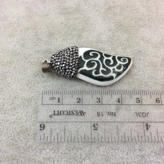 Rhinestone Encrusted Swirly Leaf Shaped Glazed White/Green Ceramic Focal Pendant - Measuring 20mm x 45mm, Approx. - Sold Individually