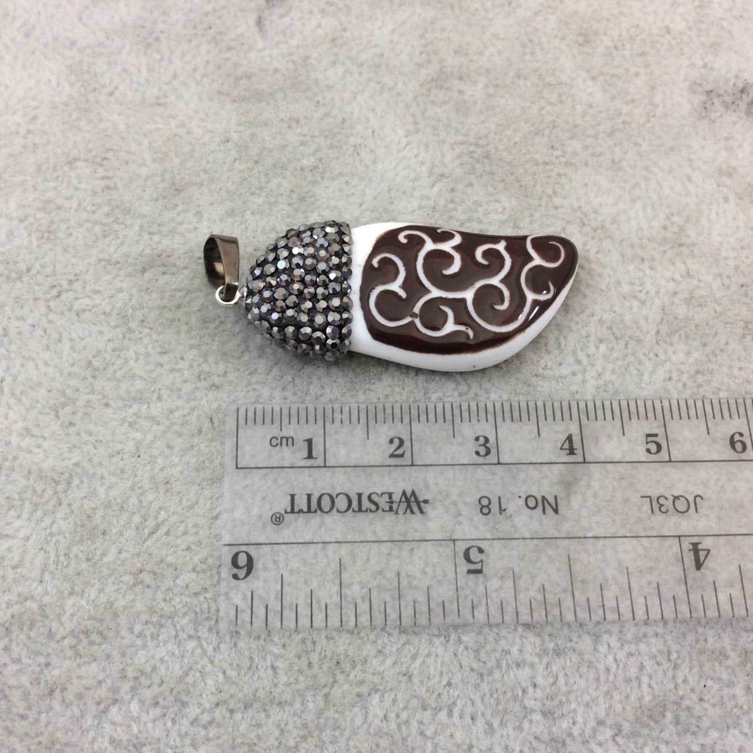 Rhinestone Encrusted Swirly Leaf Shaped Glazed White/Brown Ceramic Focal Pendant - Measuring 20mm x 45mm, Approx. - Sold Individually