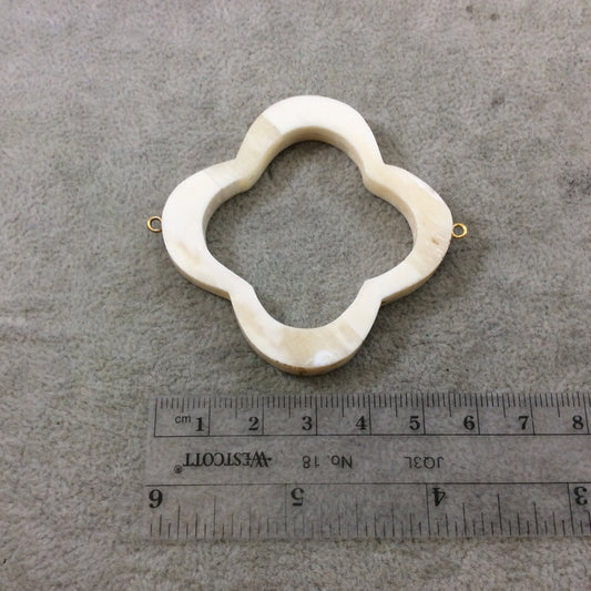 2.25" White/Ivory Open Quatrefoil Shaped Natural Ox Bone Focal Connector with Attached Gold Suspension Ring - Measuring 57mm x 57mm, Approx.