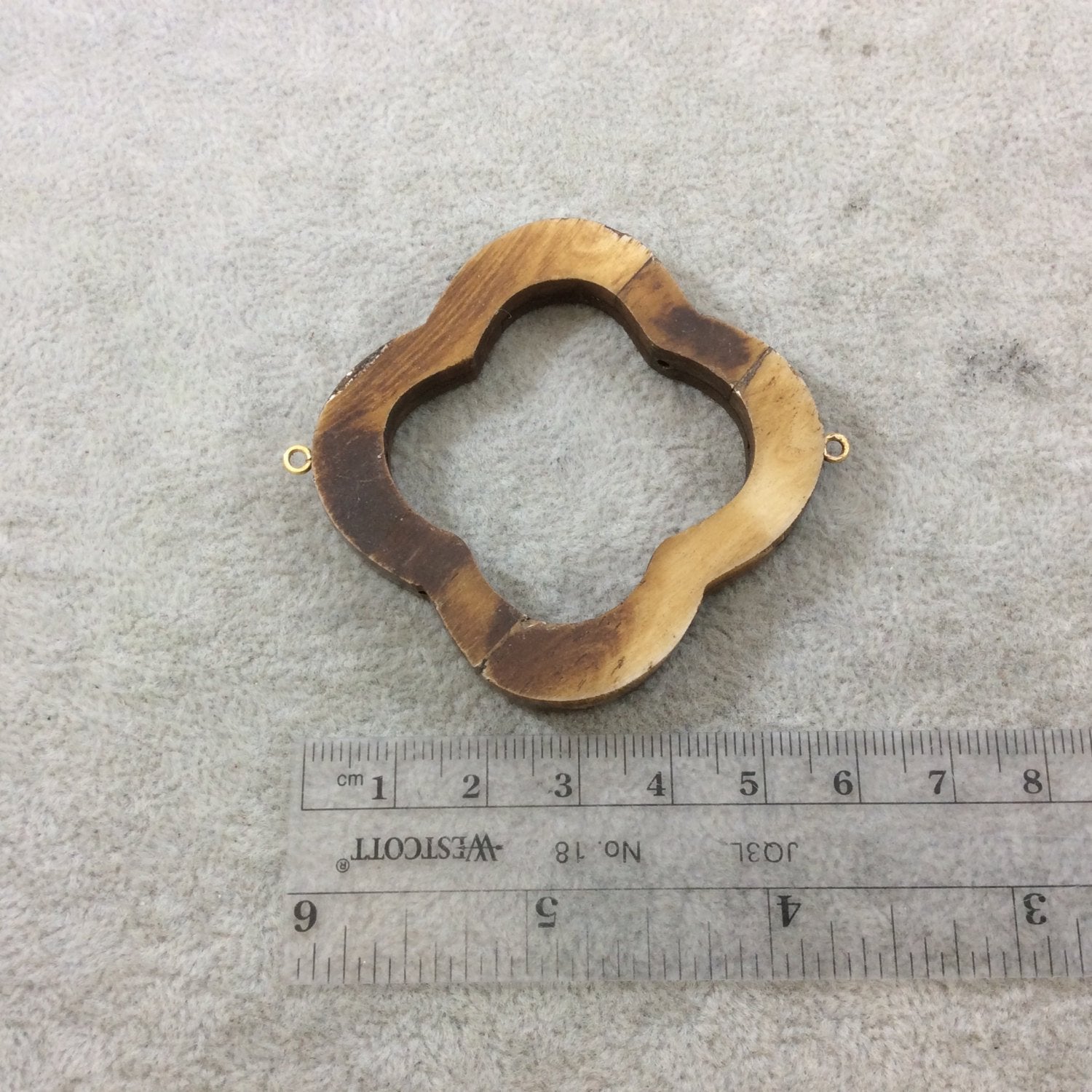 2.25" Brown Open Quatrefoil Shaped Natural Ox Bone Focal Connector with Attached Gold Suspension Ring - Measuring 60mm x 60mm, Approx.