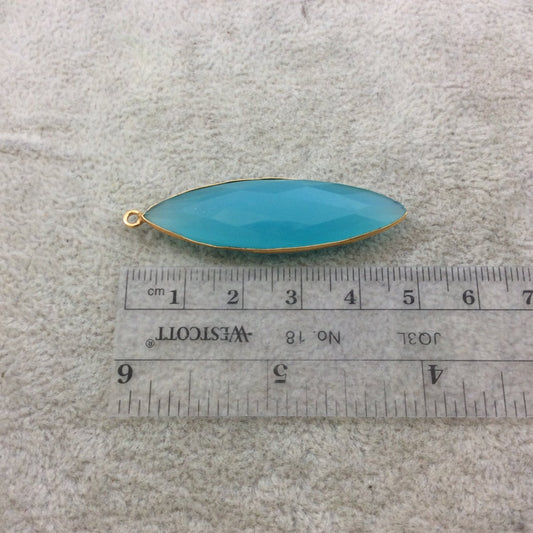 Gold Plated Faceted Aqua Hydro (Lab Created) Chalcedony Marquise Shaped Bezel Pendant - Measuring 13mm x 46mm - Sold Individually