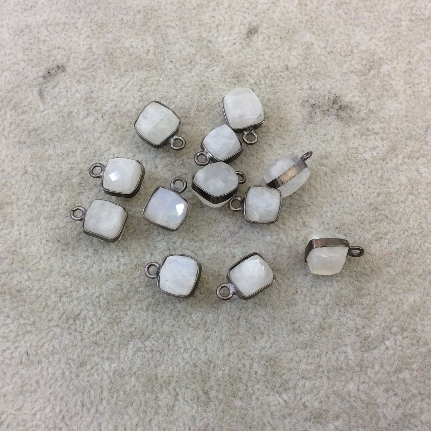 Gunmetal Plated Faceted Moonstone Cube/Square Shaped Plated Copper Bezel Charm/Drop - Measuring 7-8mm - Natural Gemstone - Sold Individually