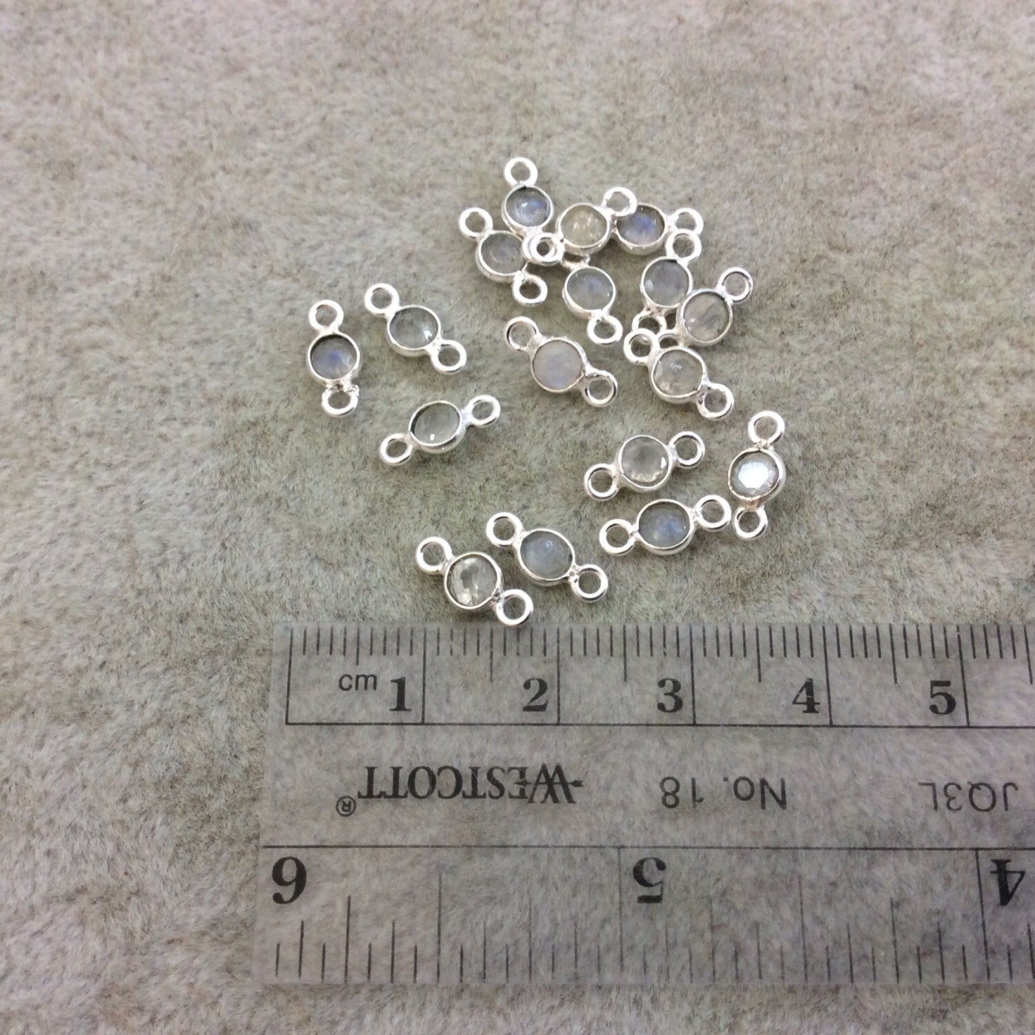 BULK PACK of Six (6) Sterling Silver Pointed/Cut Stone Faceted Round/Coin Shaped Moonstone Bezel Connector Component - Measuring 3-3.5mm
