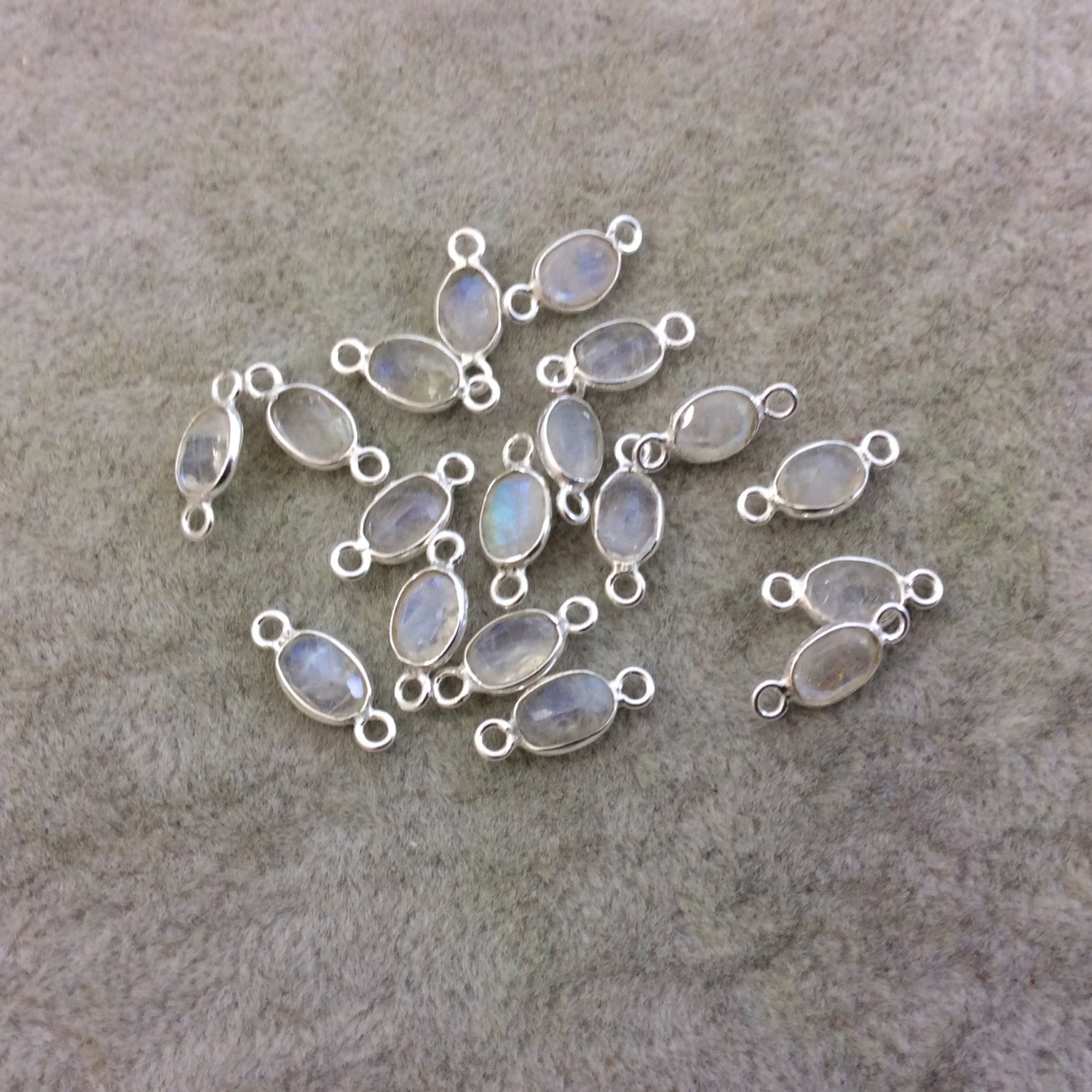 BULK PACK of Six (6) Sterling silver Pointed/Cut Stone Faceted Oval/Oblong Shaped Moonstone Bezel Connectors - Measuring 5mm x 7mm