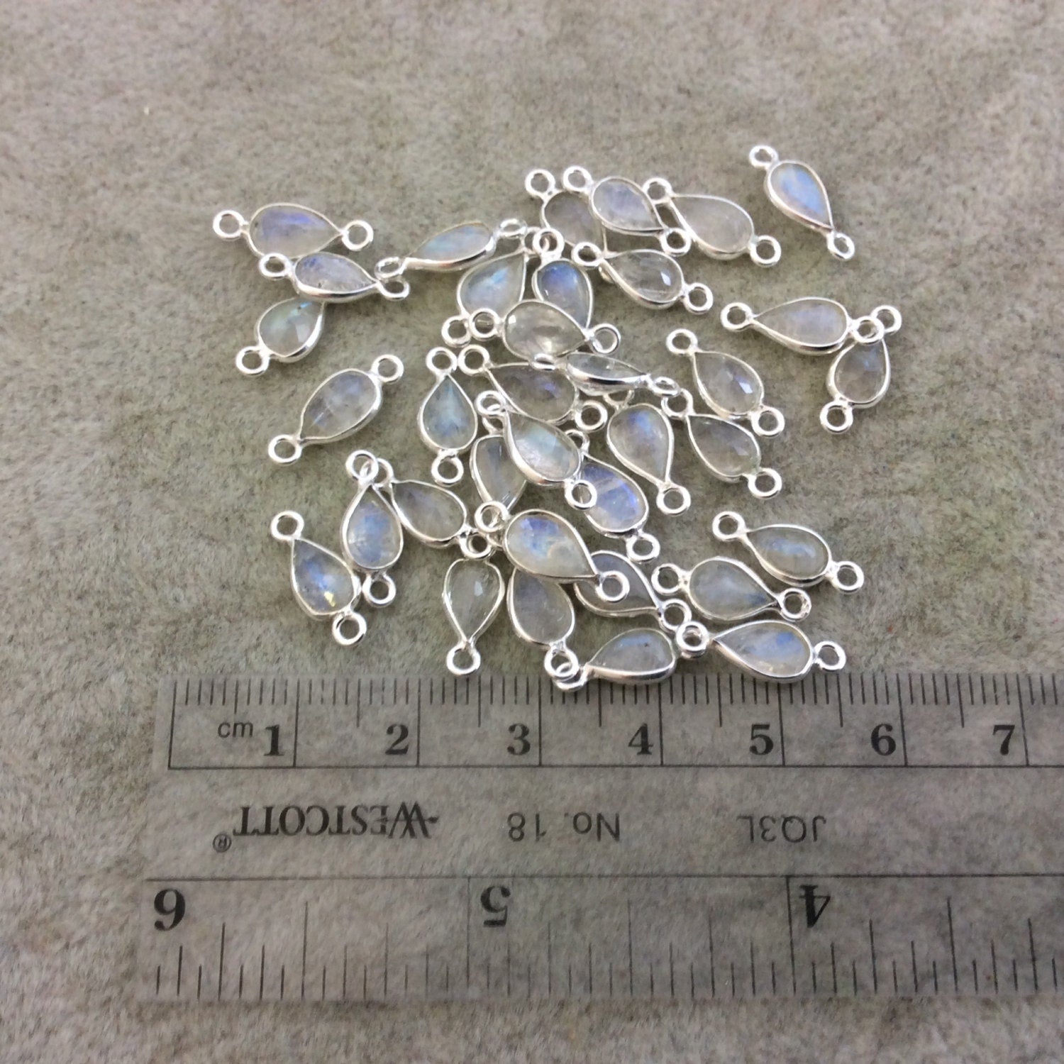 BULK PACK of Six (6) Sterling Silver Pointed/Cut Stone Faceted Teardrop/Pear Shaped Moonstone Bezel Connector Component - Measures 5mm x 7mm
