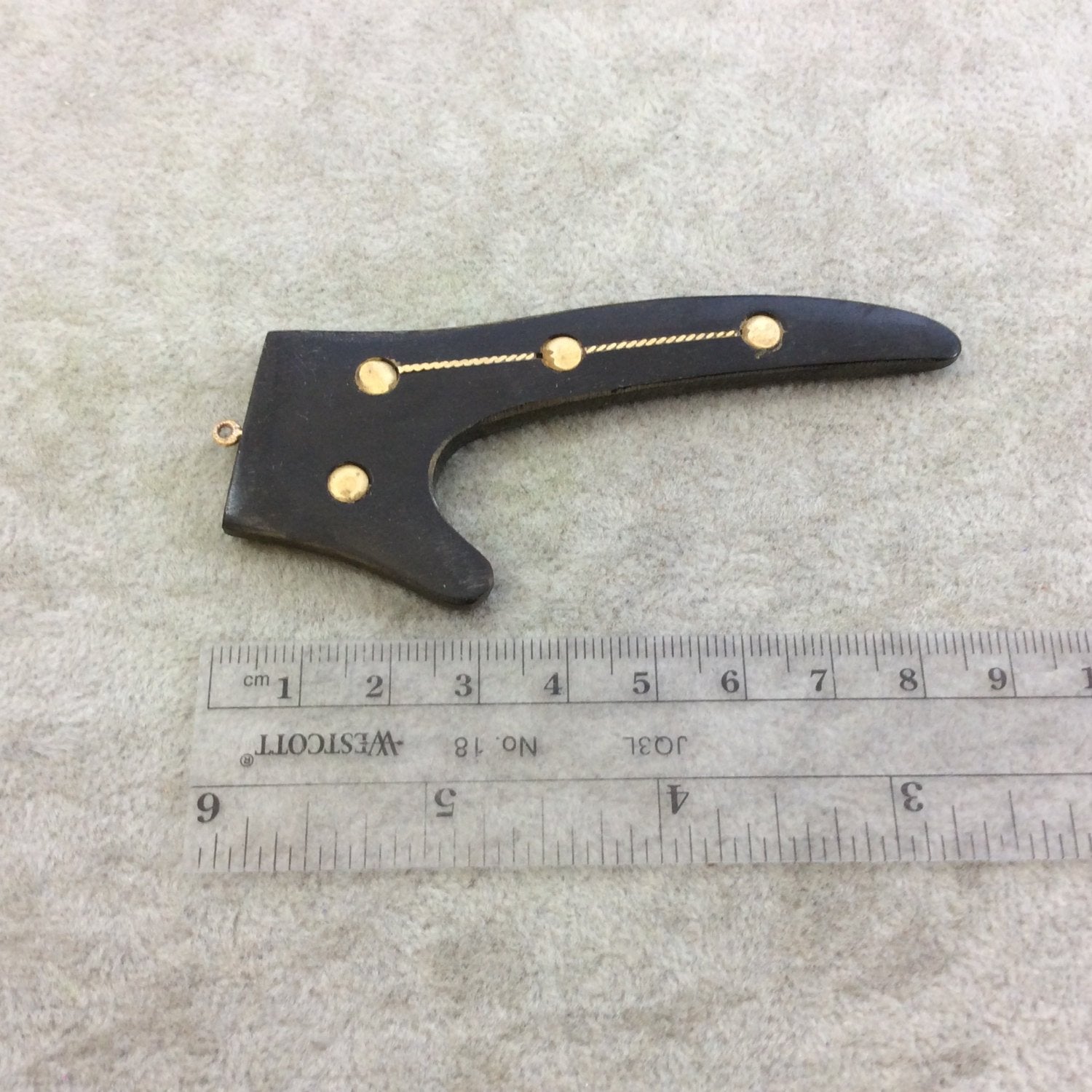 SALE 3" Black Flat Deer/Stag Antler Tusk Shaped Natural Horn Pendant with Gold Dot/Line Inlay - Measuring 42mm x 85mm