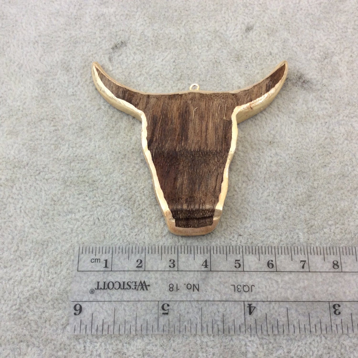 Gold Electrolated Natural Brown Wooden Bull/Steer Skull Shaped Focal Pendants - Measuring 65mm x 63mm Approximately - Sold Individually