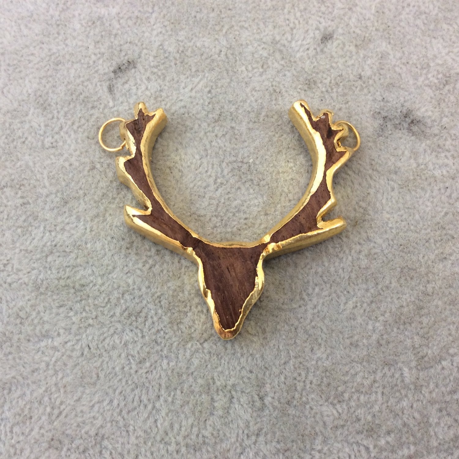 Gold Electrolated Natural Warm Brown Wooden Stag/Deer Head Shaped Focal Pendants - Measuring 50mm x 55mm Approximately - Sold Individually