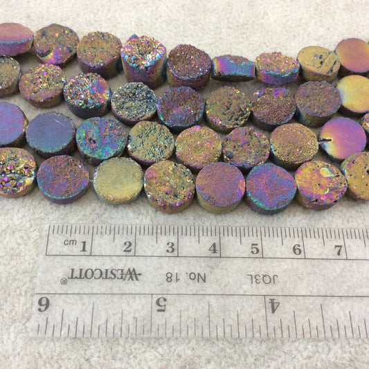 12mm Warm Rainbow Premium Druzy Agate Flat Round/Coin Shaped Beads - 8" Strand (Approximately 16 Beads) - Natural Semi-Precious Gemstone
