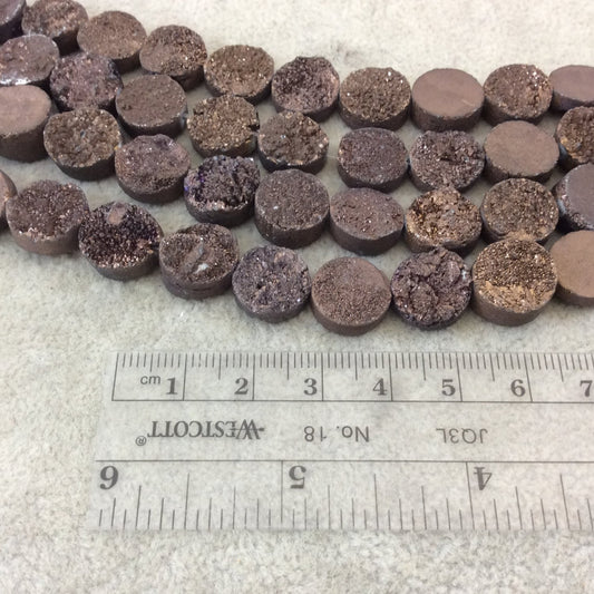 12mm Metallic Brown Premium Druzy Agate Flat Round/Coin Shaped Beads - 8" Strand (Approximately 16 Beads) - Natural Semi-Precious Gemstone