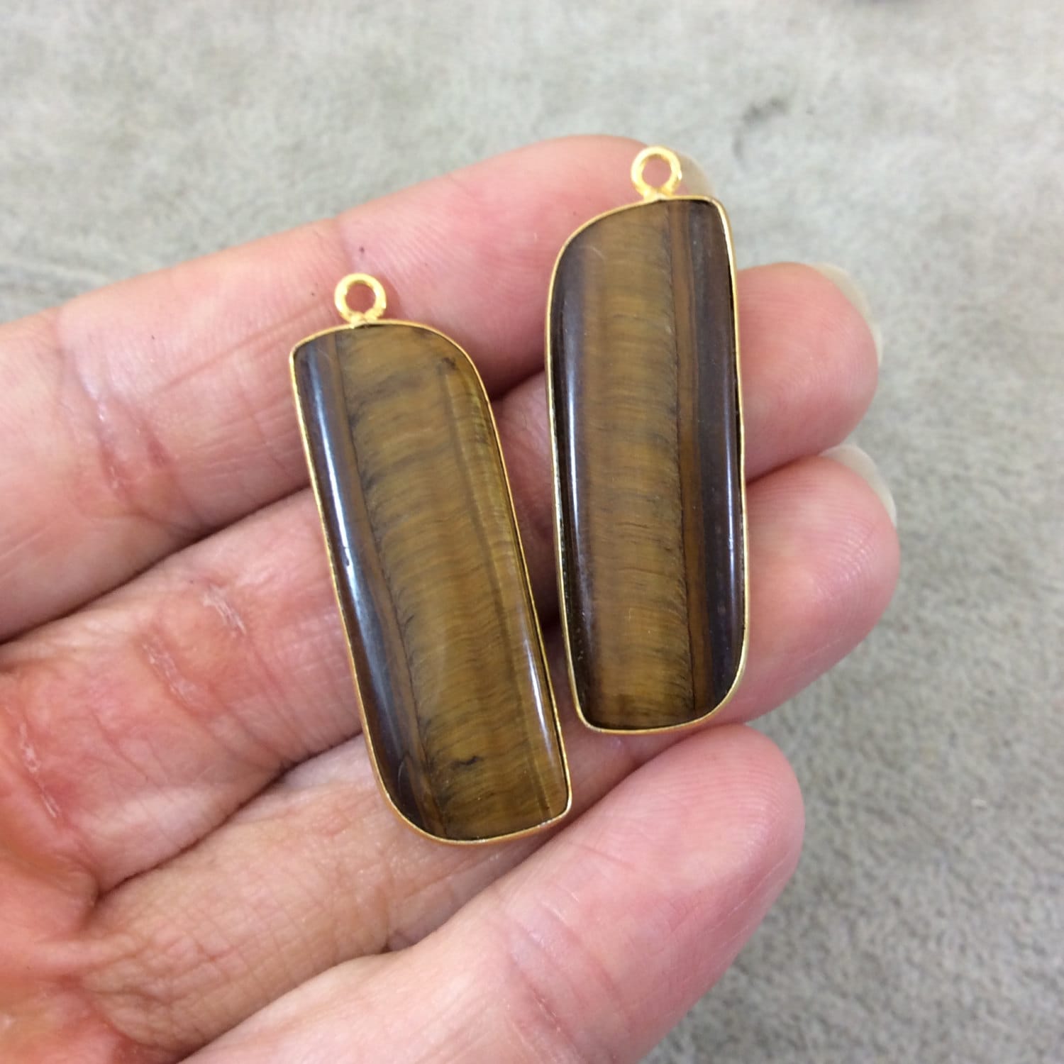 Brown Tiger Eye Bezels | One Pair of OOAK Gold Plated Smooth Freeform Petal Shaped Pendants "TP2"- Measuring 12mm x 36mm - Natural Gemstone