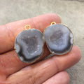 Pair of OOAK Gold Electroplated Natural Druzy Agate Geode Half Freeform Shaped Pendants - Measuring 24mm x 26mm - Unique, As Pictured