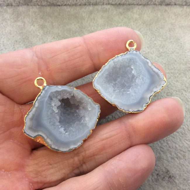 Pair of OOAK Gold Electroplated Natural Druzy Agate Geode Half Freeform Shaped Pendants - Measuring 31mm x 26mm - Unique, As Pictured