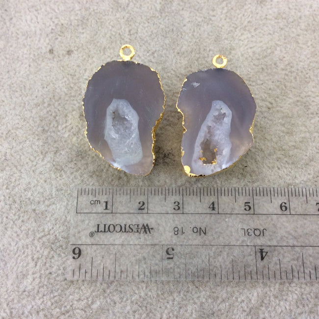 Pair of OOAK Gold Electroplated Natural Druzy Agate Geode Half Freeform Shaped Pendants - Measuring 23mm x 34mm - Unique, As Pictured
