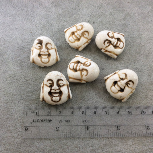 BULK PACK of 6 (Six) White/Ivory Dyed Howlite Buddha Head/Face Shaped Beads with 1mm Holes - Measuring 28mm x 30mm, Approximatley