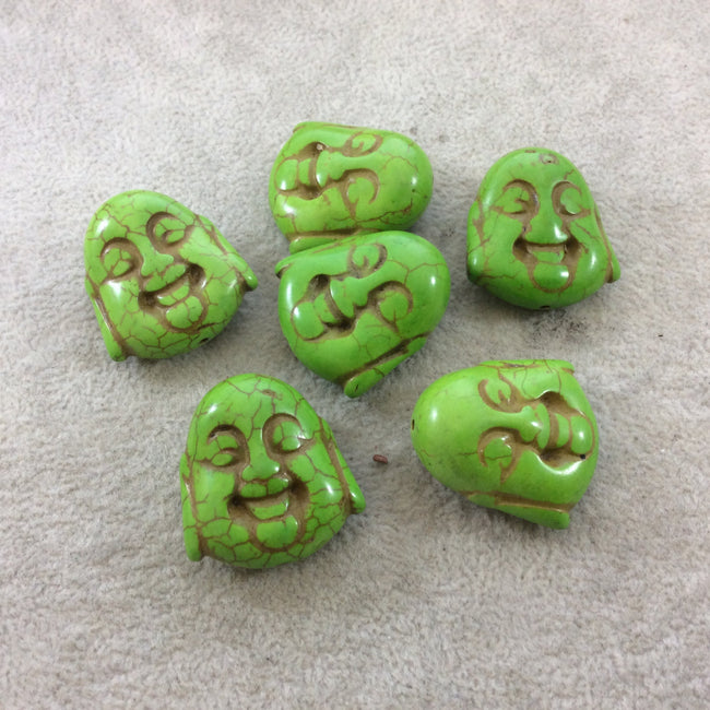 BULK PACK of 6 (Six) Lime Green Dyed Howlite Buddha Head/Face Shaped Beads with 1mm Holes - Measuring 28mm x 30mm, Approximatley