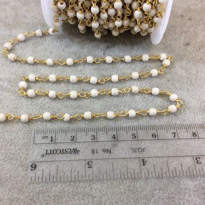 Gold Plated Copper Wrapped Rosary Chain with 4mm Smooth Natural White Howlite Round Shaped Beads - Sold by 1' Cut Sections or in Bulk!