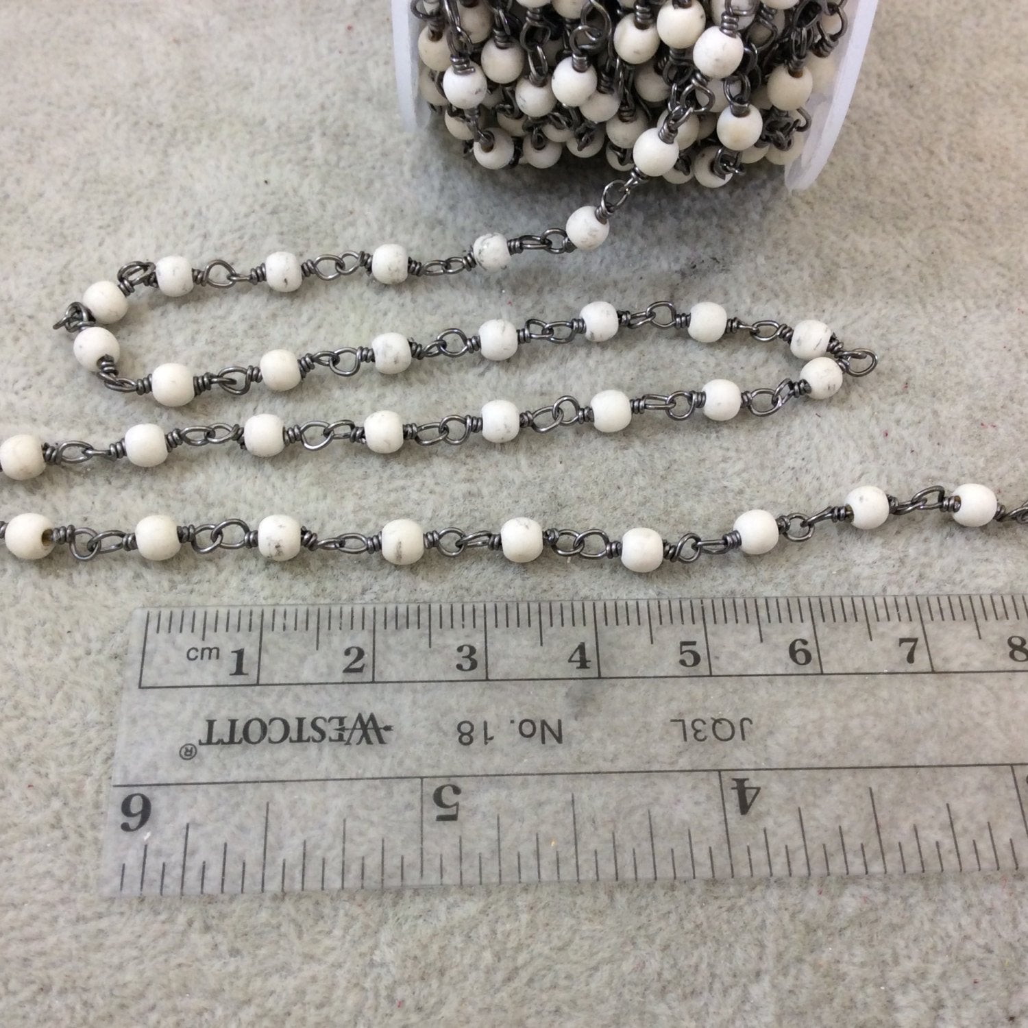 Gunmetal Plated Copper Wrapped Rosary Chain with 4mm Smooth Natural White Howlite Round Shaped Beads - Sold by 1' Cut Sections or in Bulk!