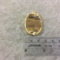 OOAK Gold Electroplated Natural Raw Metallic Tiger's Eye Vertical Oval Shaped Slab/Slice Pendant - Measuring 25mm x 34mm, Approximately