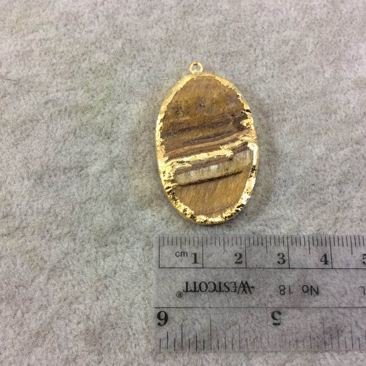 OOAK Gold Electroplated Natural Raw Metallic Tiger's Eye Vertical Oval Shaped Slab/Slice Pendant - Measuring 25mm x 38mm, Approximately