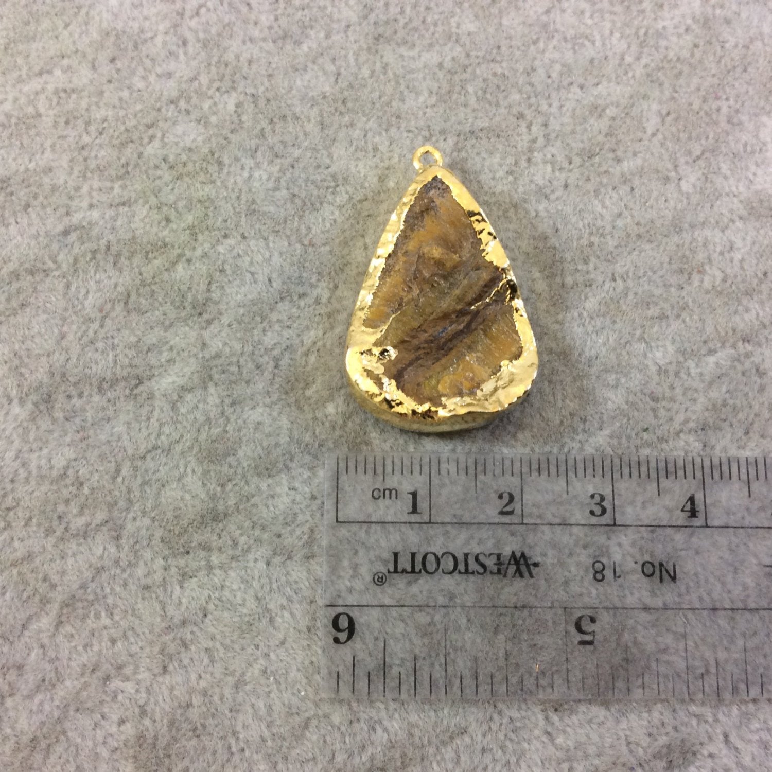 OOAK Gold Electroplated Natural Raw Metallic Tiger's Eye Teardrop/Pear Shaped Slab/Slice Pendant - Measuring 21mm x 30mm, Approximately